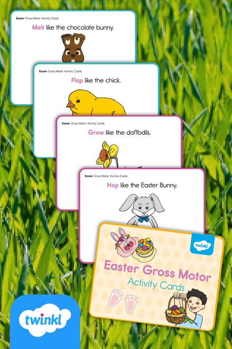 Our Easter Gross Motor Activity Cards are a fun brain break or party activity to celebrate the Easter holiday and get children up and moving. Each of the twelve cards features a different Easter picture and gross motor movement for children to imitate. This resource is fun for a large group indoor activity or outdoor play time. This also makes a fun Easter egg hunt or Easter party activity for school or home. This resource addresses the following standard: TEKS Physical Education K.2, 1.2. Easter Movement Cards, Easter Gross Motor Activities, Easter Gross Motor, Easter Party Activities, Regulation Activities, Sensory Regulation, Movement Cards, Tactile Activities, Easter Lessons