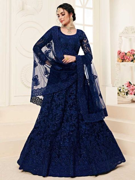 Embroided semi-stitched lehanga choli Dark Blue Lehenga, Navy Blue Lehenga, Navy Blue Party, Sabyasachi Lehenga, Party Wear Lehenga Choli, Blue Lehenga, Gaun Fashion, Lehenga Online, Net Lehenga