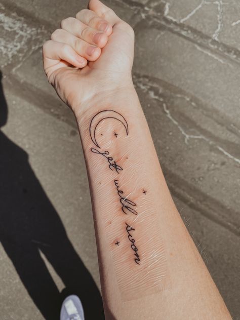 Song Title Tattoo, Get Well Soon Tattoo, Arm Tattoos Aesthetic, Title Tattoo, Tattoo Song, Soon Tattoo, Aesthetic Ariana Grande, Typographic Tattoo, Grande Tattoo