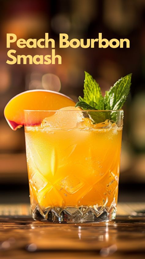 Peach Bourbon Smash Peach Smash Cocktail, Bourbon Peach Smash, Smash Cocktails, Bourbon Smash Cocktail, Bourbon Drinks Recipes, Peach Bourbon, Liquid Therapy, Peach Whiskey, Whiskey Smash