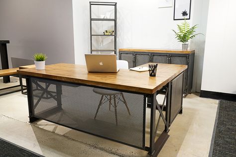 Iron Age Office Carruca, L-Shaped desk. Dining Room Conversion, Industrial Office Table, Management Desk, Grey Office Desk, Manager Desk, Industrial Office Furniture, Iron Furniture Design, Office Table Design, Rustic Desk