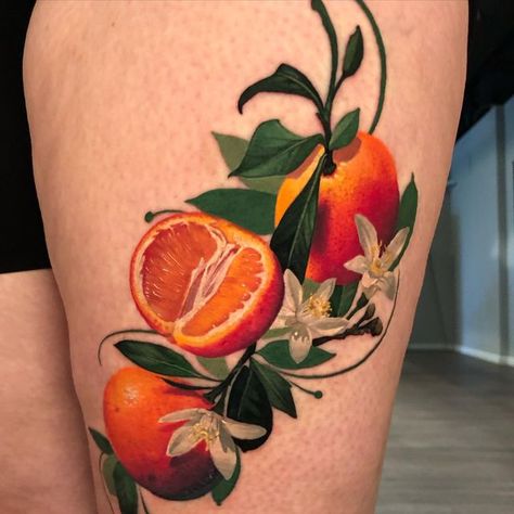 Allisin Riot on Instagram: "Orange you glad I didn’t say banana? I finished up this citrus tattoo for Kim the other day, the leaves are fresh and oranges are healed. Thanks again!   Tattoo made @athenstattoocompany #orangetattoo #fruittattoo #tattoo #tattoos #floraltattoo" Citrus Tattoo, Again Tattoo, Tree Branch Tattoo, Dark Skin Tattoo, Peach Tattoo, Fruit Tattoo, Food Tattoos, Branch Tattoo, Orange Plant