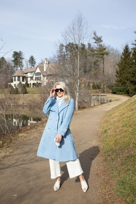 Light Blue Coat Outfit Winter, Blue Coat Outfit Winter, Light Blue Coat Outfit, Powder Blue Coat, Blue Coat Outfit, Coat Outfits For Women, Christmas Outfit Ideas For Women Classy, Sky Blue Outfit, Light Blue Coat