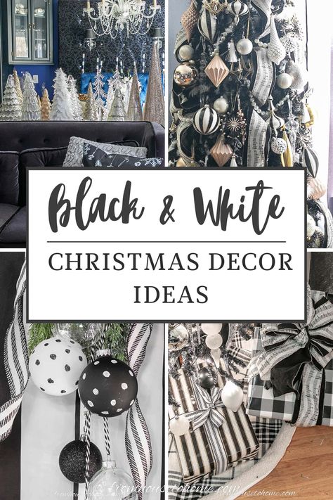 Black and White Christmas Decor Ideas Black And White Christmas Table Centerpiece, Black White Gray Christmas Decor, Black White Christmas Decorations, Rustic Black And White Christmas Decor, Black N White Christmas Decor, Black And White Christmas Table Setting, Christmas Tree Ideas 2023 Trends Black, Black And White Christmas Floral Arrangements, Black And White Christmas Decor Tree