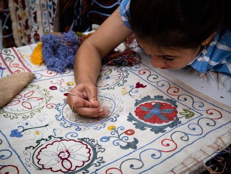 Suzani Embroidery from Uzbekistan - Behind the Scenes Adventures Suzani Embroidery, Embroidery Cushion, Turkish Style, Purple Pillows, Coverlet Bedding, Hand Work Embroidery, Garden Pillows, Handwoven Fabric, Ikat Pillows