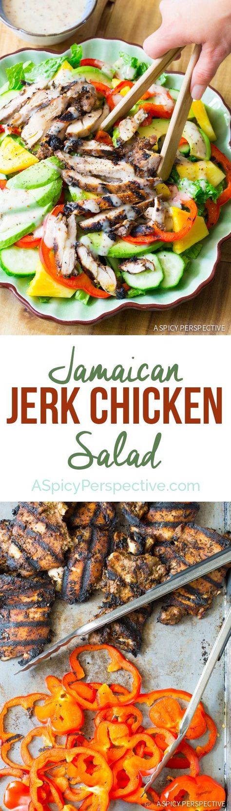 Easy Jamaican Jerk Chicken Salad on ASpicyPerspective.com Jerk Salad, Jerk Chicken Salad, Easy Jerk Chicken Recipe, Reggae Party, Jerk Chicken Recipe, Jamaican Jerk Chicken, Jamaican Dishes, A Spicy Perspective, Jamaican Food