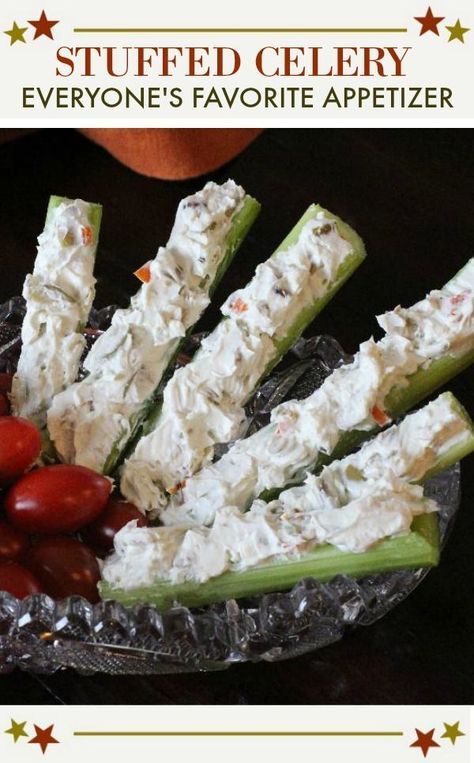 Perfect stuffed celery appetizer recipe. Celery is the perfect vessel for a mixture of cream cheese and chopped olives. Throw in some crunchy walnuts and blue cheese and you've got an appetizer full of memories. A popular appetizer for any party or holiday buffet. #stuffed #withcreamcheese #party #appetizers #recipes Stuffed Celery Sticks, Stuffed Celery, Holiday Buffet, Celery Recipes, Celery Sticks, Popular Appetizers, Appetizers Recipes, Party Appetizers, Favorite Appetizers