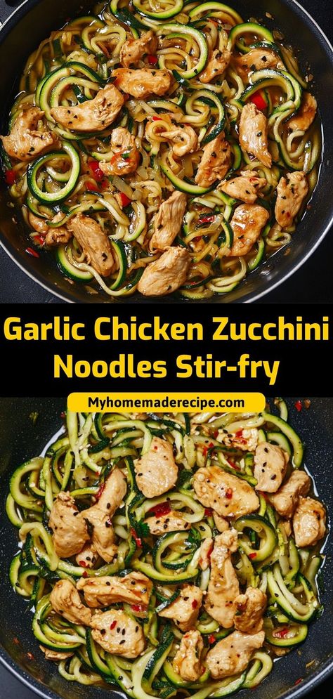 This garlic chicken zucchini noodle stir-fry is light, flavorful, and a healthy alternative to traditional noodles. Perfect for a quick meal! Ingredients: 1 lb chicken breast, sliced 2 zucchinis, spiralized 2 cloves garlic, minced 1 tbsp olive oil Enjoy this garlic chicken zucchini stir-fry for a delicious, low-carb dinner Healthy Garlic Chicken, Stir Fry Zucchini Noodles, Zucchini Noodle Recipes Healthy, Chicken Zucchini Recipes, Low Card Diet, Tasty Noodles Recipe, Chicken Stir Fry With Noodles, New Meal Ideas, Healthy Noodles