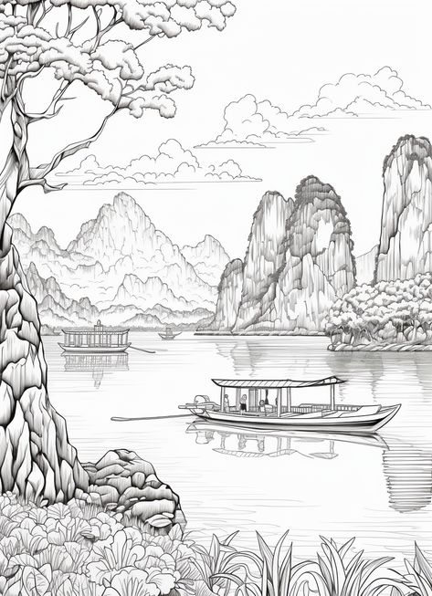 Vietnam Drawing, Landscape Coloring Pages, Bujo Art, Woodburning Ideas, Beautiful Vietnam, Abstract Coloring Pages, Japanese Drawings, Detailed Coloring Pages, Free Adult Coloring Pages