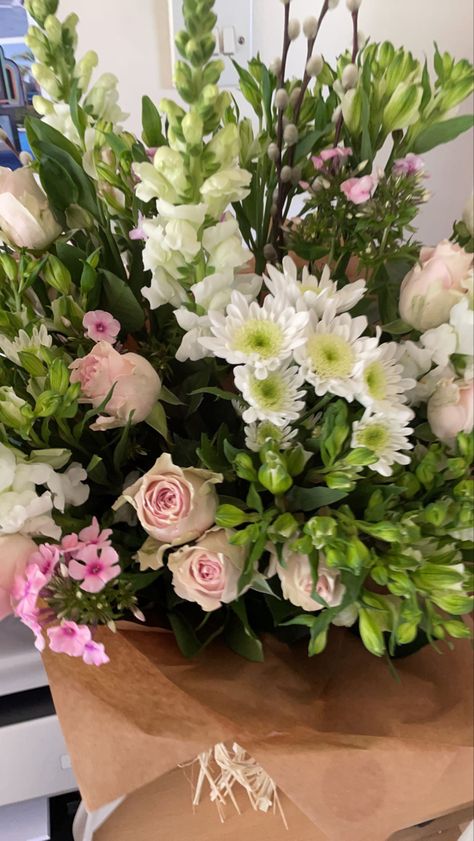 Cute Bouquet, Moms 60th, Pink And Green Flowers, Green Bouquet, Flowers Cute, Pink Bouquet, Flowers White, Simple Flowers, Bunch Of Flowers