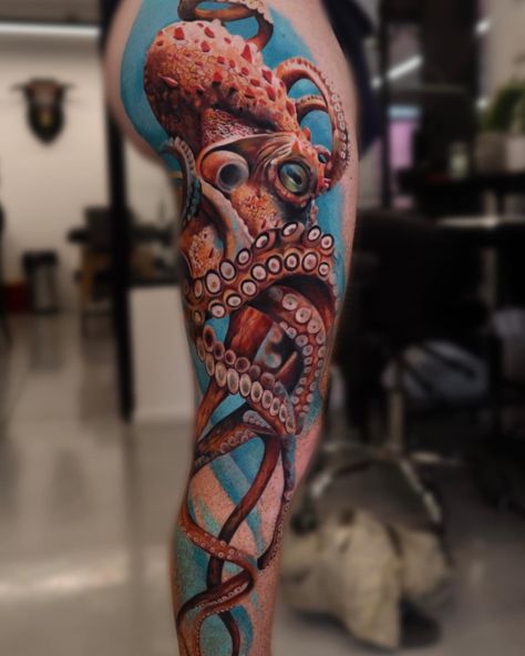 Tattoo artwork by ©️ Mai Zait. Octopus Wrapped Around Tattoo, Color Octopus Tattoo, Tattoo Octopus, Squid Tattoo, Knee Tattoos, Wrap Around Tattoo, Russian Tattoo, Octopus Tattoo Design, Hip Tattoos