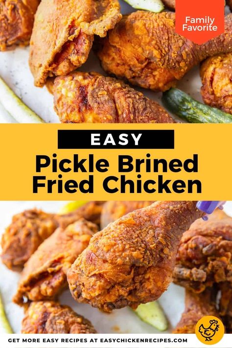 Made with real pickle juice, Pickle Brined Fried Chicken is crispy on the outside, tender on the inside, and full of flavor! Maryland Fried Chicken Recipe, Pickle Brined Fried Chicken, Brined Fried Chicken Recipe, Fried Chicken Marinade, Fried Chicken Brine, Pickle Juice Recipe, Chicken Pickle, Easy Pickle, Homemade Fried Chicken