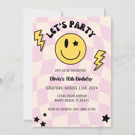 Preppy Light Pink Y2K Smiley Birthday Invitation Preppy Invitation Card, Preppy Birthday Invitations, Invitaciones Aesthetic, Y2k Party Ideas, Light Pink Y2k, Smiley Birthday, Smile Birthday, Baños Shabby Chic, 10th Birthday Invitation