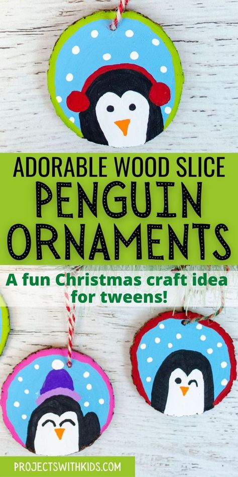 Wood slice painted penguin ornaments. 2nd Grade Ornament Craft, Middle School Ornament Craft, 2nd Grade Christmas Ornaments, Classroom Ornament Ideas, 5th Grade Christmas Crafts, Diy Penguin Ornament, Wood Slice Diy, Kids Make Christmas Ornaments, Diy Penguin