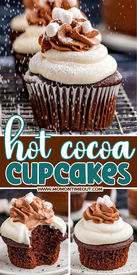 Three image collage of hot chocolate cupcakes with marshmallow frosting. Center color block with text overlay. Cocoa Whipped Cream, Mom On Timeout Recipes, Hot Cocoa Cupcakes, December Meals, Cocoa Cupcakes, Hot Chocolate Cupcakes, Christmas Cupcakes Recipes, Mom On Timeout, Crockpot Hot Chocolate