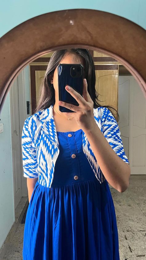 radoss_by_subhashree on Instagram: Royal blue over coat dress Price : 1599 + shipping Visit our website to place order #cottondress #flowerprint #ikkat #cotton #handloom… Short Coat Dresses For Women, Cotton Jackets Women Casual, Ikkat Short Tops, Overcoat For Frocks, Cotton Dress With Jacket, Frock With Overcoat For Women, Coat Frocks For Women, Over Coats On Kurtis Short, Shrug And Dress Outfit