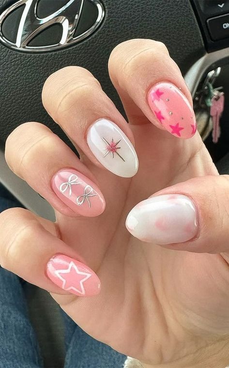 Light Pink And White Nails, Mismatch Nails, Almond Gel Nails, Girly Nails, Nails Floral, Galaxy Nail Art, Kawaii Nail Art, Cute Pink Nails, Cute Simple Nails