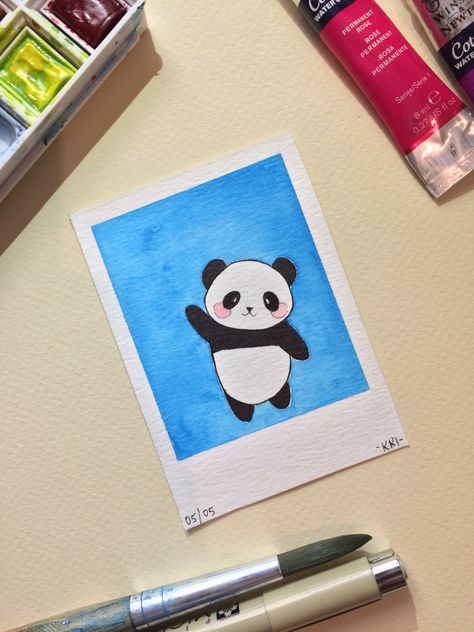 Panda Drawing Watercolor, Potrait Paintings Canvas Easy, Cartoon Polaroid, Watercolor Polaroid, Charger Art, Phone Case Diy Paint, Panda Drawing, Note Doodles, Easy Love Drawings