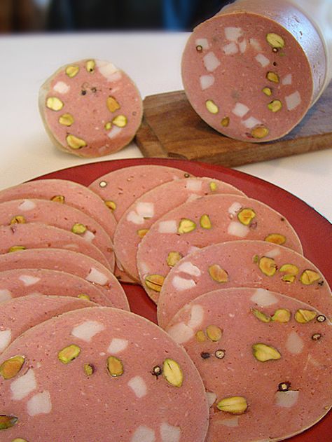 Mortadella  (www.ChefBrandy.com) Mortadella Recipe, Deli Meat Recipes, Bologna Recipes, Cured Meat Recipes, Sausage Making Recipes, Home Made Sausage, Homemade Sausage Recipes, Sausage Making, Lunch Meat Recipes