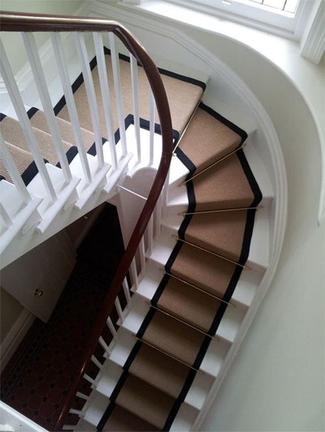 Stair runner Sisal Stair Runner, Patterned Stair Carpet, Round Stairs, Carpet Staircase, White Stairs, Staircase Runner, Oak Trim, Hallway Carpet Runners, Painted Stairs