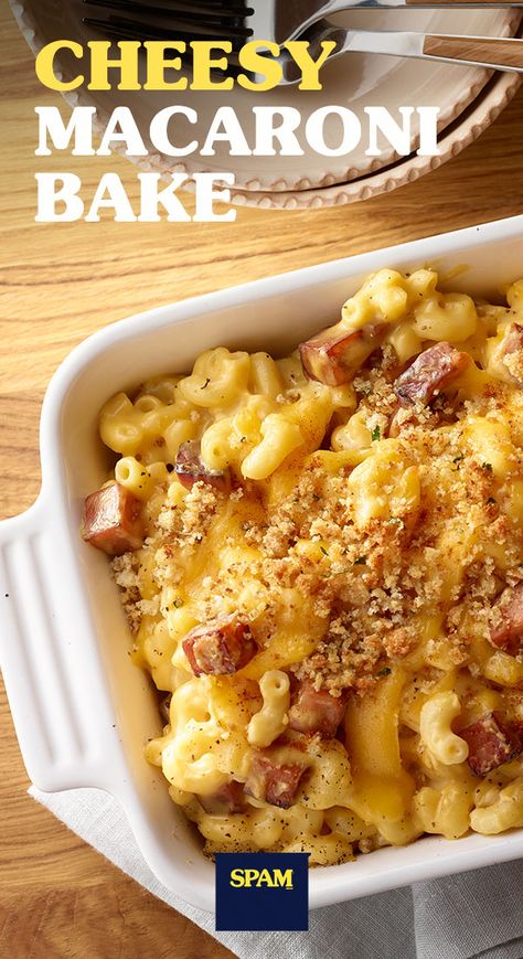 It doesn't take any elbow grease to make this Cheesy Macaroni Bake, just some elbow macaroni! Enjoy diced SPAM® Classic with fresh breadcrumbs, creamy American cheese and a pinch of cayenne pepper for dinner.  | SPAM® Brand | Cheesy Macaroni Bake | Mac and Cheese Recipe | Quick and Easy Meals | Bake Mac And Cheese Recipe, Hairstyles Easy Quick, Spam Recipes Dinners, Bake Mac, Macaroni Bake, Survival Recipes, Food Comfort, Spam Recipes, Cheesy Macaroni