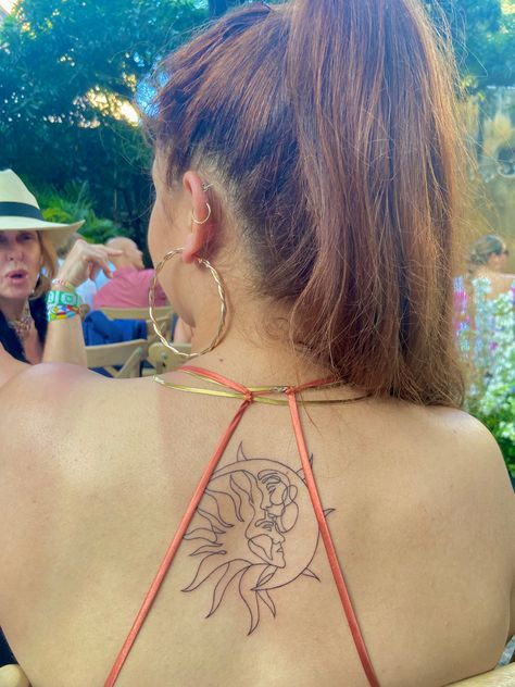 Big Sun And Moon Tattoo, Sun Kissed Tattoo, Moon Kissing Sun Tattoo, Intricate Sun And Moon Tattoo, Spine Tattoo Sun And Moon, Sun Moon Spine Tattoo, Moon Inside Sun Tattoo, Sun And Moon Tattoo Placement, Sun And Moon Tattoo Placement Ideas