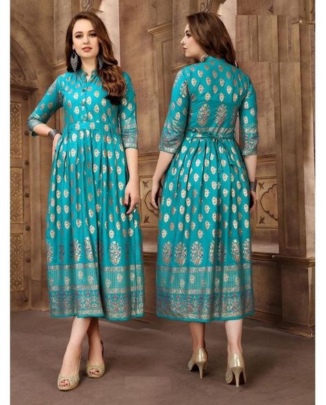 Here Is A Prefect Kurti For The Upcoming Festive Season In Pretty Color. This Readymade Kurti Is Fabricated On Rayon. Beautified With Digital Foil Prints. #suit #style #suitstyle #dresses #mensfashion #onlineshopping #indianwear #saree #kurti #ethnicwear #menswear #bridal #punjabisuits #dress #kurtis #instafashion #wedding #cotton #designer #indianfashion #bridalmakeup #designersarees #lehenga #lengha #fashionblogger #india #ethnic Foil Print Fabric, Latest Gown Styles, Rayon Kurti, Attractive Dresses, Hey Beautiful, Simple Kurta Designs, Designer Kurti Patterns, Kurti Designs Latest, Long Kurti Designs