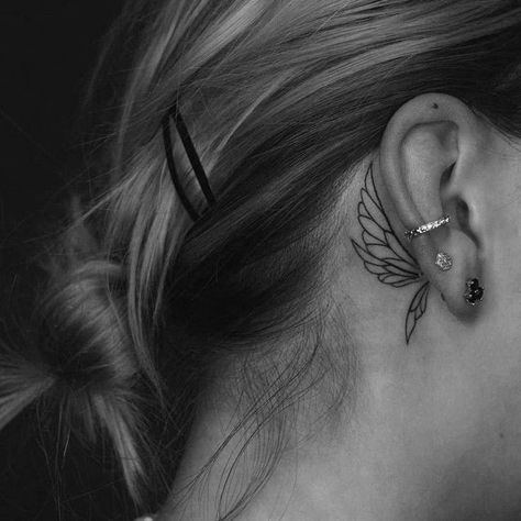 Angel Tattoo Behind Ear, Only Angel Tattoo, Back Ear Tattoo, Tattoo Behind The Ear, Leo Tattoo, Behind Ear Tattoos, Behind The Ear Tattoo, Only Angel, Tattoo Behind Ear