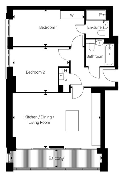 2 bedroom floor plan with open living space, kitchen island and London balcony 2 Bed Apartment Floor Plan, London Balcony, Australian Apartment, 2 Bedroom Apartment Floor Plan, Condo Floor Plans, Double Storey House Plans, 2 Bedroom Floor Plans, Rooftop Apartment, Floor Plan With Dimensions