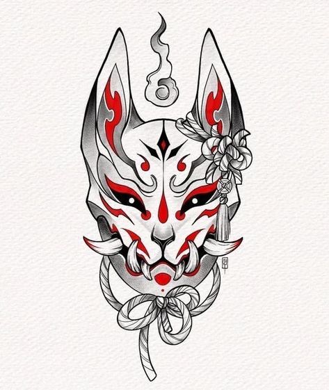 Wolf Mask Tattoo, Kitsune Mask Design, Demonic Art, Japanese Demon Tattoo, Japanese Demon Mask, Japanese Mask Tattoo, Oni Mask Tattoo, Oni Tattoo, Hannya Mask Tattoo