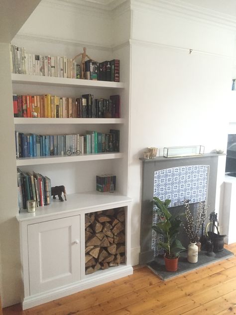 Exeter alcove unit with removable doors. Great for log storage.  Made by James houseman (Exeter  Carpenter) Alcove Decor, Storage Unit House, Alcove Ideas Living Room, Alcove Storage, Alcove Cabinets, Alcove Cupboards, Alcove Shelving, Log Storage, Victorian Living Room