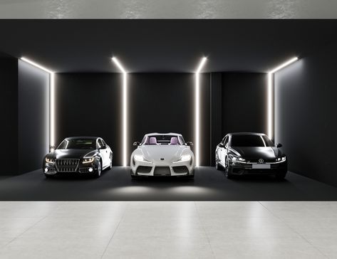 Luxury Car Garage Aesthetic, Garage Luxury Design, Car Showroom Lighting, Fancy Garage, Car Showroom Architecture, Garage Luxury, Cars Showroom, Luxury Car Garage, Car Showroom Design