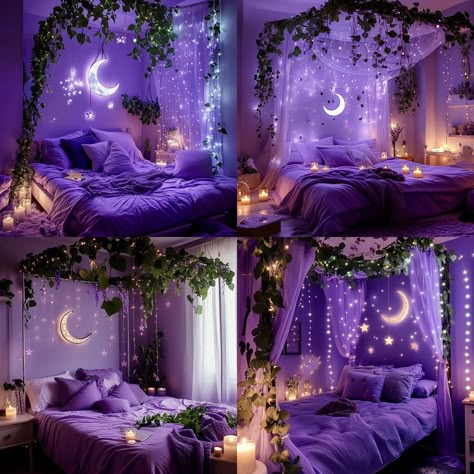 Bat Bedroom, Wisteria Bedroom Decor, Bedroom Ideas Flowers, Vibe Aesthetic Room, Purple Vibe Aesthetic Room, Romantic Purple Bedroom, Purple Bedroom Aesthetic, Purple Aesthetic Bedroom, Blue And Purple Bedroom