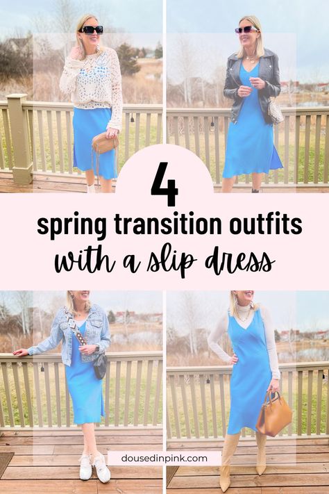 4 spring transition outfits with a slip dress Slip Dress Outfit Ideas, Spring Transition Outfits, Slip Dress Outfit, Structured Jacket, Black Moto Jacket, Transition Outfits, Outfit Formulas, Fitted Turtleneck, Cute Spring Outfits