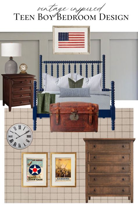 Blue Bed Boys Room, Boys Usa Bedroom, Teen Boy Bedroom Desk, Vintage Teen Boy Bedroom, Americana Boy Bedroom, Boys Americana Bedroom, Vintage Boys Room Decor, Traditional Boys Room, Little Boys Room Decorating Ideas