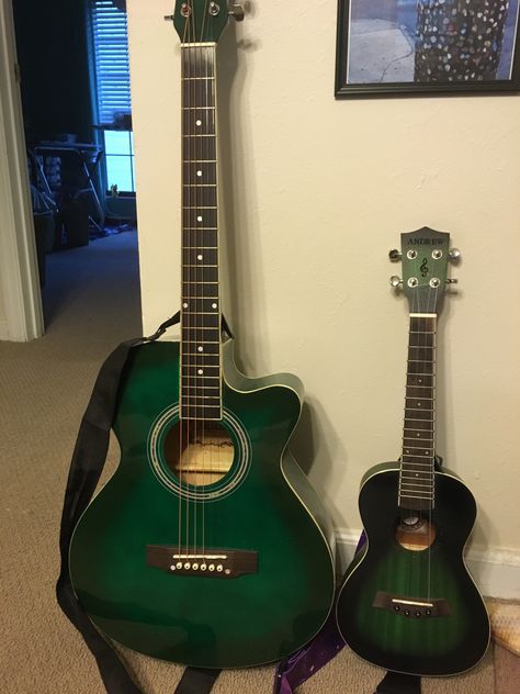 They are not related but they match Green Guitar Acoustic, Green Acoustic Guitar Aesthetic, Matching Guitars, Dark Green Guitar, Leo Ashton, Guitar Art Diy, Painted Ukulele, Green Guitar, Dream Guitar