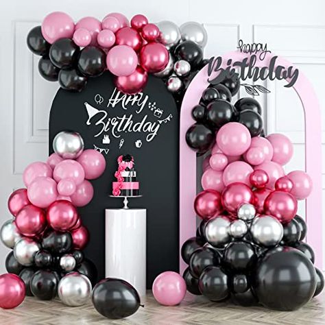 Black And Silver Balloon Garland, Black Balloon Arch, Black Balloon Garland, Silver Balloon Garland, Pink Balloon Garland, Bee Balloon, Day Party Decorations, Women Birthday Party, Black Balloon