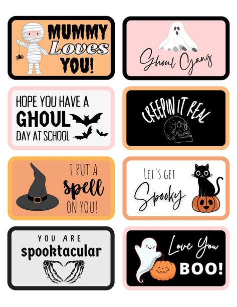 Free printable Halloween lunchbox notes Halloween Notes For Kids, Halloween Lunchbox Ideas, Halloween Lunchbox Notes, Halloween Free Printables, Halloween Notes, Halloween Lunch Box Notes, School Lunch Notes, Notes For Kids Lunches, Lunch Box Notes For Kids