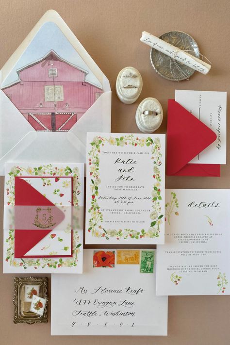 A wedding invitation suite for a summer wedding at a strawberry farm golf club Strawberry Wedding Invitation, Strawberry Wedding, Vellum Belly Band, Wedding Strawberries, Floral Wedding Inspiration, Barn Wedding Invitations, Summer Invitation, Bee Wedding, Wedding Aesthetics