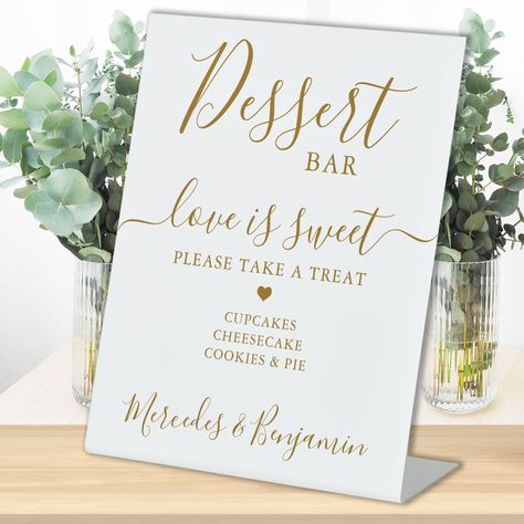 Bridal Shower Desserts Table, Wedding Dessert Bar, Desert Bar, Gold Reception, Dessert Table Sign, Bridal Shower Desserts, Modern Chic Wedding, Gold Dessert, Wedding Favours Sign