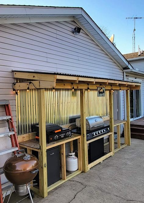 Blackstone And Grill Outdoor Kitchen, Garage Cooking Area, Outdoor Cooking Area On Deck, Outside Cooking Station, Outdoor Smoker Grill Area Backyard, Garage Grilling Station, Outdoor Grill Shed, Outdoor Kitchen Off Garage, Diy Bbq Island Grill Station