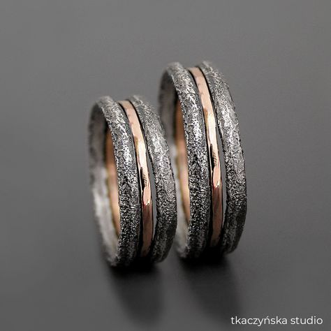 "Raw Brutalist Wedding Band Rings, Silver Gold Rough Wedding Ring Set, Viking Men Raw Wedding Ring Set, Rustical Woodland Wedding Ring Set Set of two rough sterling silver wedding rings with 14 k gold . Slightly patinated and polished raw silvercombined with warm shade of gold. Raw organic style design. Materials: 925 silver, 14 k gold (585 gold) Made to order. The rings can be custom-made in any size. Due to the fact that each piece is made by hand, it can slightly vary from the one in the photos. Each movement of a hand holding a torch, and each blow of a hammer is a bit different and one of a kind. Because of that, the ring will be very similar but not identical. Please check out the detailed size charts for S, M, and L sizes in the last photos. The rings in the photos are size:   Europ Brutalist Wedding, Woodland Wedding Ring, Viking Wedding Ring, Rustic Wedding Bands, Wedding Band Rings, Avant Garde Jewelry, Viking Men, Viking Wedding, Sterling Silver Wedding Rings