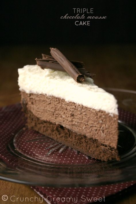 Triple Chocolate Mousse Cake Triple Chocolate Mousse, Triple Chocolate Mousse Cake, Chocolate Mousse Cake Recipe, Mousse Cake Recipe, Coconut Dessert, Layer Cake Recipes, Chocolate Mousse Cake, Dessert Dips, Triple Chocolate