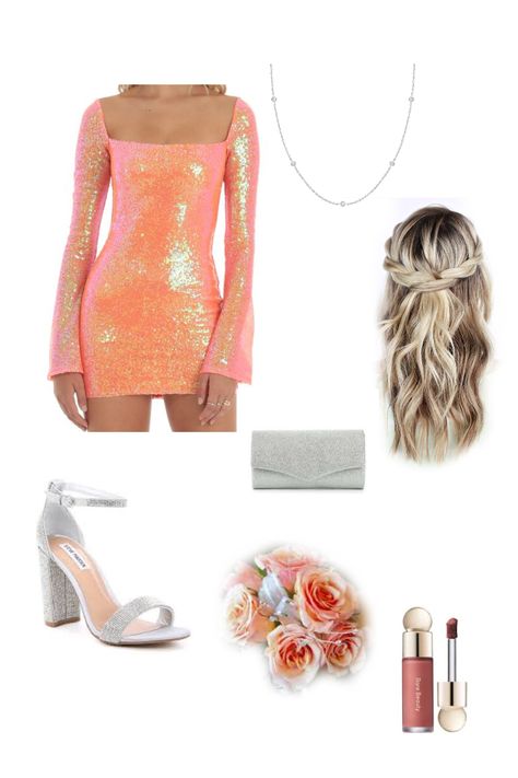 Jewelry For Hoco, Neon Orange Hoco Dress, Neon Homecoming Dresses, Orange Hoco Dress, Orange Corsage, Preppy Homecoming, Hoco Dress Inspo, Homecoming Inspo, Hoco 2024