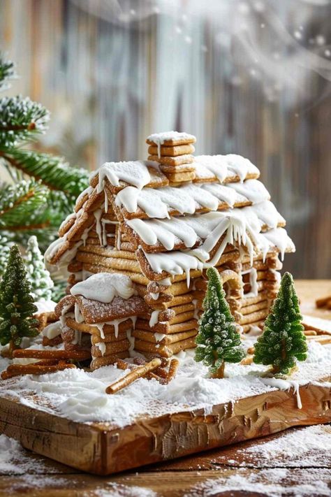 29 Festive Gingerbread House Designs to Try This Holiday Season Natural Gingerbread House, How To Make Gingerbread Houses Out Of Graham Crackers, Ginger Bread House With Graham Crackers, Gingerbread House Log Cabin Ideas, Non Gingerbread House Ideas, Gingerbread House Pretzels, Best Frosting For Gingerbread Houses, Gingerbread House Shingles, Gingerbread Camper Ideas