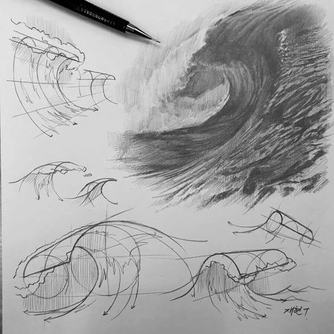 Tutorial Drawing. Waves Sketch, Wave Tutorial, Grafik Art, Wave Drawing, Structural Drawing, Some Drawings, Tutorial Drawing, Perspective Drawing Lessons, Concept Art Tutorial