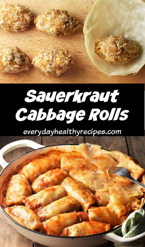 Making sauerkraut cabbage rolls and side view of finished dish. Vegetarian Recipes Using Sauerkraut, Sourkrout Recipes, Ground Meat And Rice, Best Cabbage Rolls Recipe, Vegetarian Cabbage Rolls, Savory Vegan Meals, Vegan Cabbage Rolls, Stuffed Cabbage Rolls, Cabbage Rolls Recipe