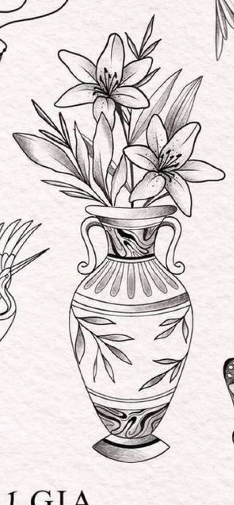 Greek Vase Tattoo Simple, Vase Tattoo Ideas, Kintsugi Vase Tattoo, Roman Vase Tattoo, Floral Vase Tattoo, Traditional Flower Vase Tattoo, Japanese Vase Tattoo, Plant Vase Tattoo, Flowers In Vase Tattoo