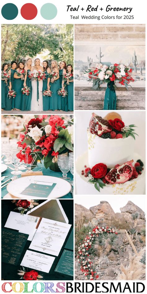 Wedding Cake With Red Flowers, Cake With Red Flowers, Teal Beach Wedding, Red Floral Decor, Teal Wedding Colors, Teal Wedding Invitations, Teal Bridesmaid Dresses, Wedding Colors Red, White Bridal Gown