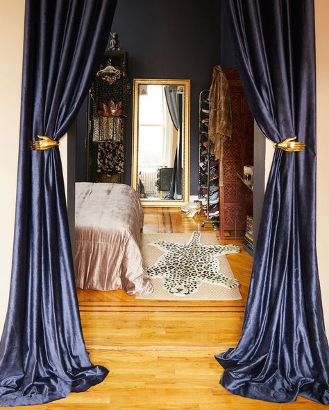 Apartment Color Schemes, Apartment Decorating On A Budget, Trendy Apartment, Apartment Tour, Apartment Bedroom, Blue Curtains, Apartment Decorating, Velvet Curtains, Bedroom Doors